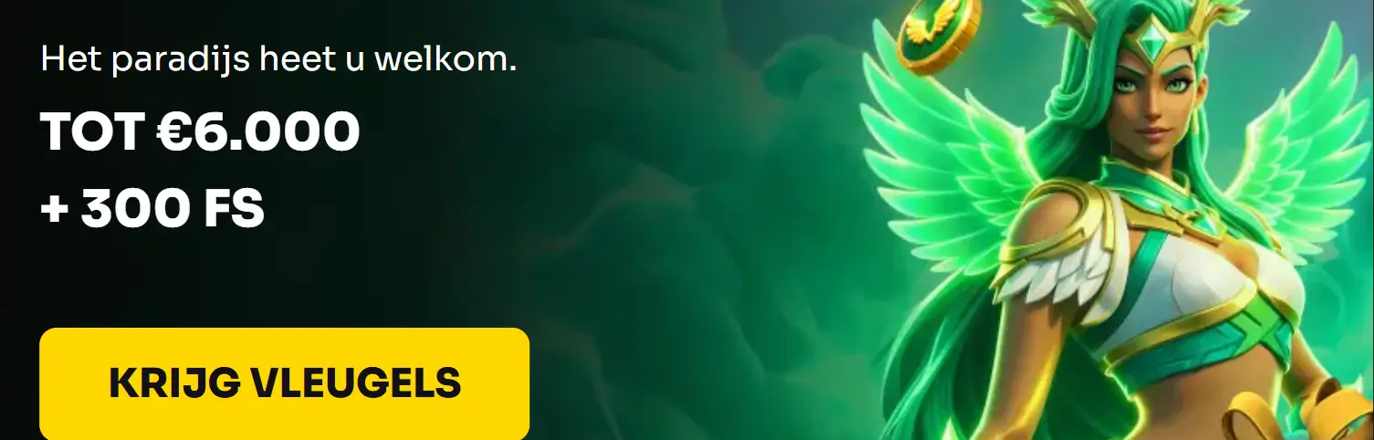 HolyLuck Casino – Welkomstbonus Banner HolyLuck Casino welkomstbanner met een animefiguur met groene vleugels en de tekst 'Tot €6.000 + 300 Free Spins – Krijg Vleugels'
