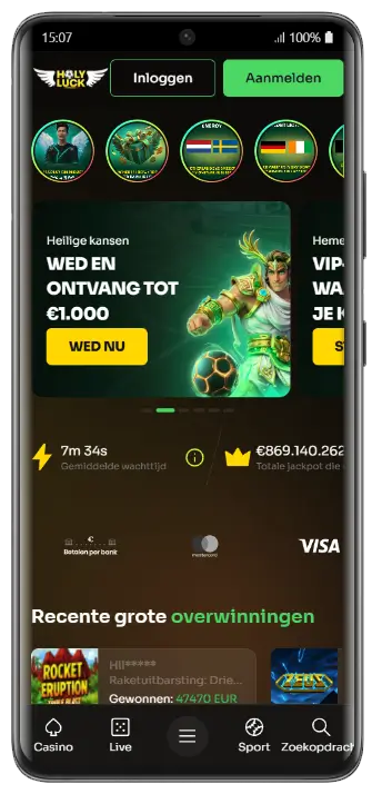 HolyLuck Casino – Top 10 Gokkasten in Jouw Regio HolyLuck Casino mobiele app met een overzicht van de top 10 populaire gokkasten in jouw regio, waaronder Egypt Power, Elvis Frog en Lucky Penny 2