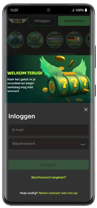HolyLuck Casino – Bonussen en Promoties Overzicht HolyLuck Casino bonuspagina met een welkomstbonus van 100% tot €500, herlaadbonussen, en cashback- en rakeback-aanbiedingen