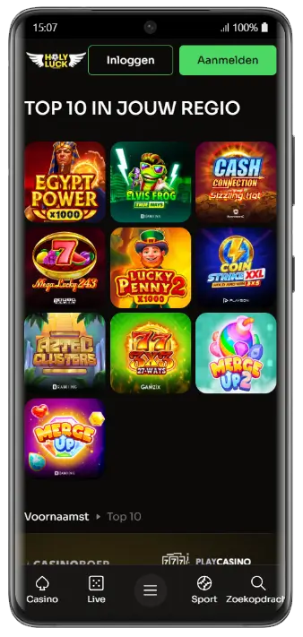 HolyLuck Casino – Sportbonus en Jackpot Overzicht HolyLuck Casino mobiele app met een sportbonusactie van tot €1.000, een gemiddelde wachttijd van 7 minuten, een jackpotteller en recente grote winsten