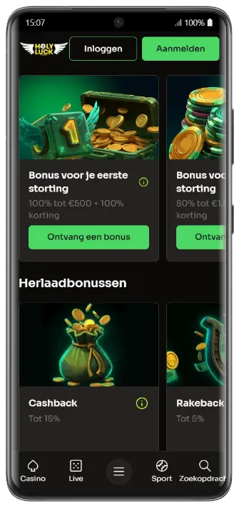 HolyLuck Casino – Inlogpagina HolyLuck Casino inlogscherm op mobiel met velden voor e-mail en wachtwoord, een 'Wachtwoord vergeten'-link en een welkomstterug-banner met een fruitautomaat